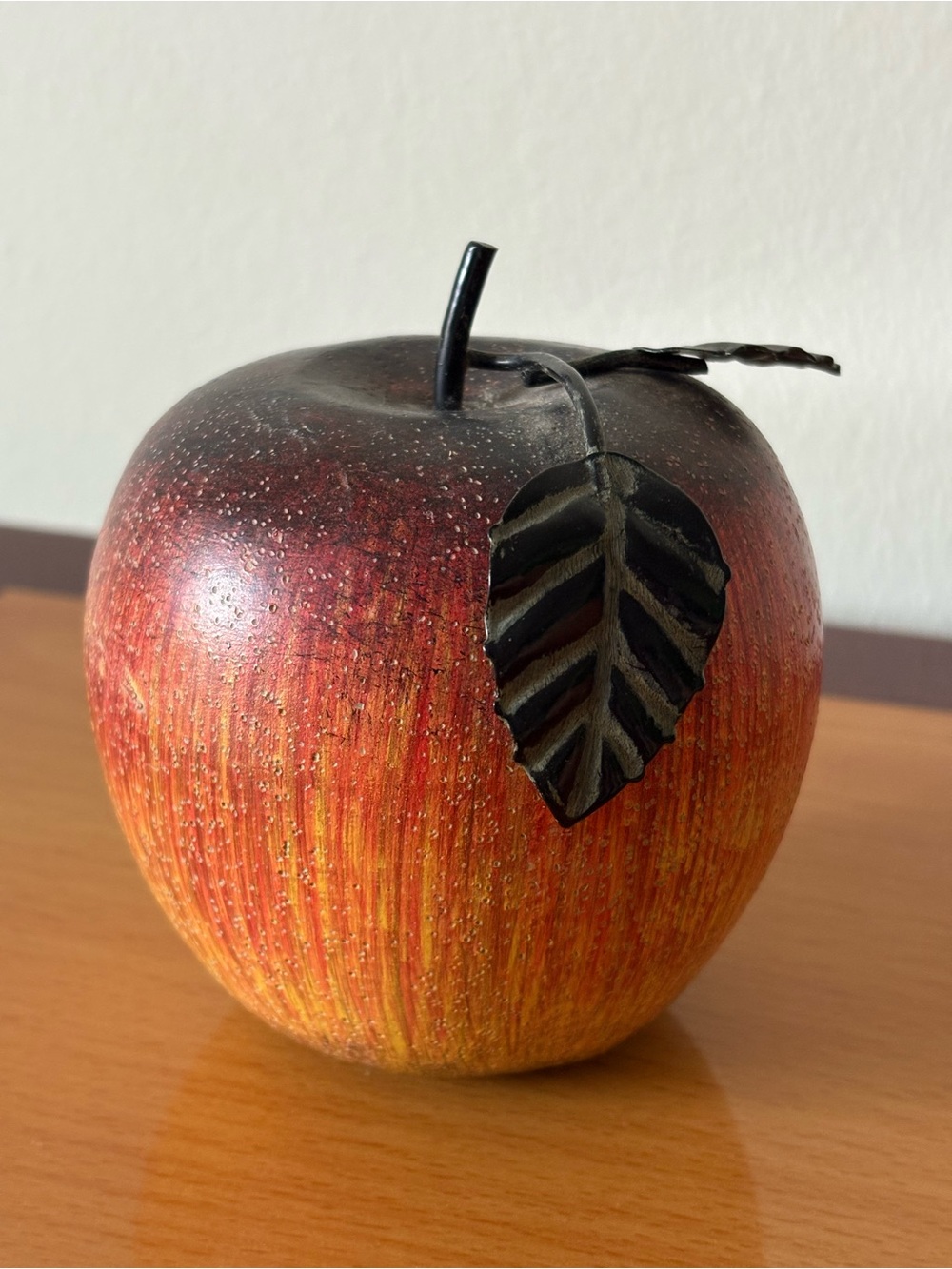 Vintage Rustic Faux Wood Apple Figurine Decor with Metal Stem & Leaf Paperweight